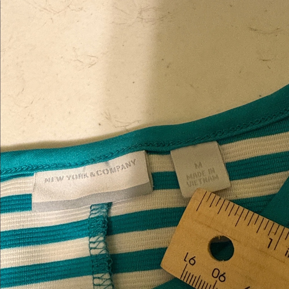 NY & Company Teal White Striped Fit Flare Dress M Summer Work - Picture 5 of 12